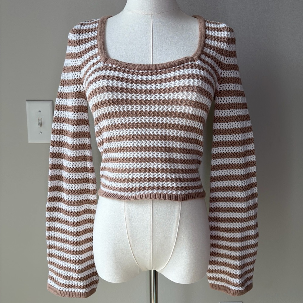Hollister Striped Square Neck Crochet Cropped Sweater Festival Boho Chic
